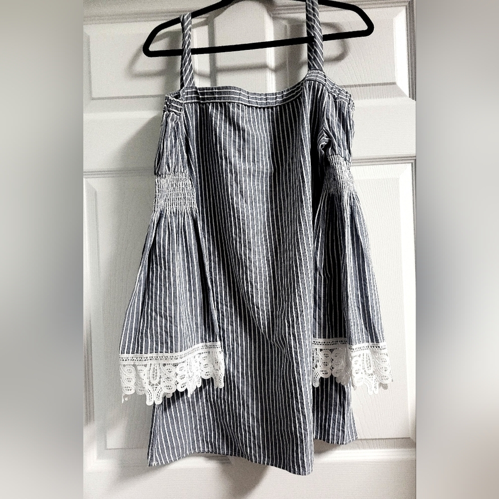 Society Girl - Striped Grey and White Shirt Dress- Size L
